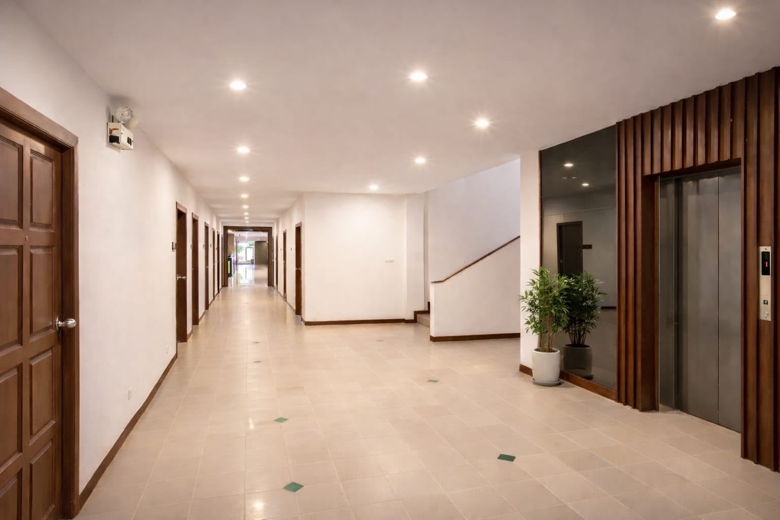 Elegantly lit hotel corridor